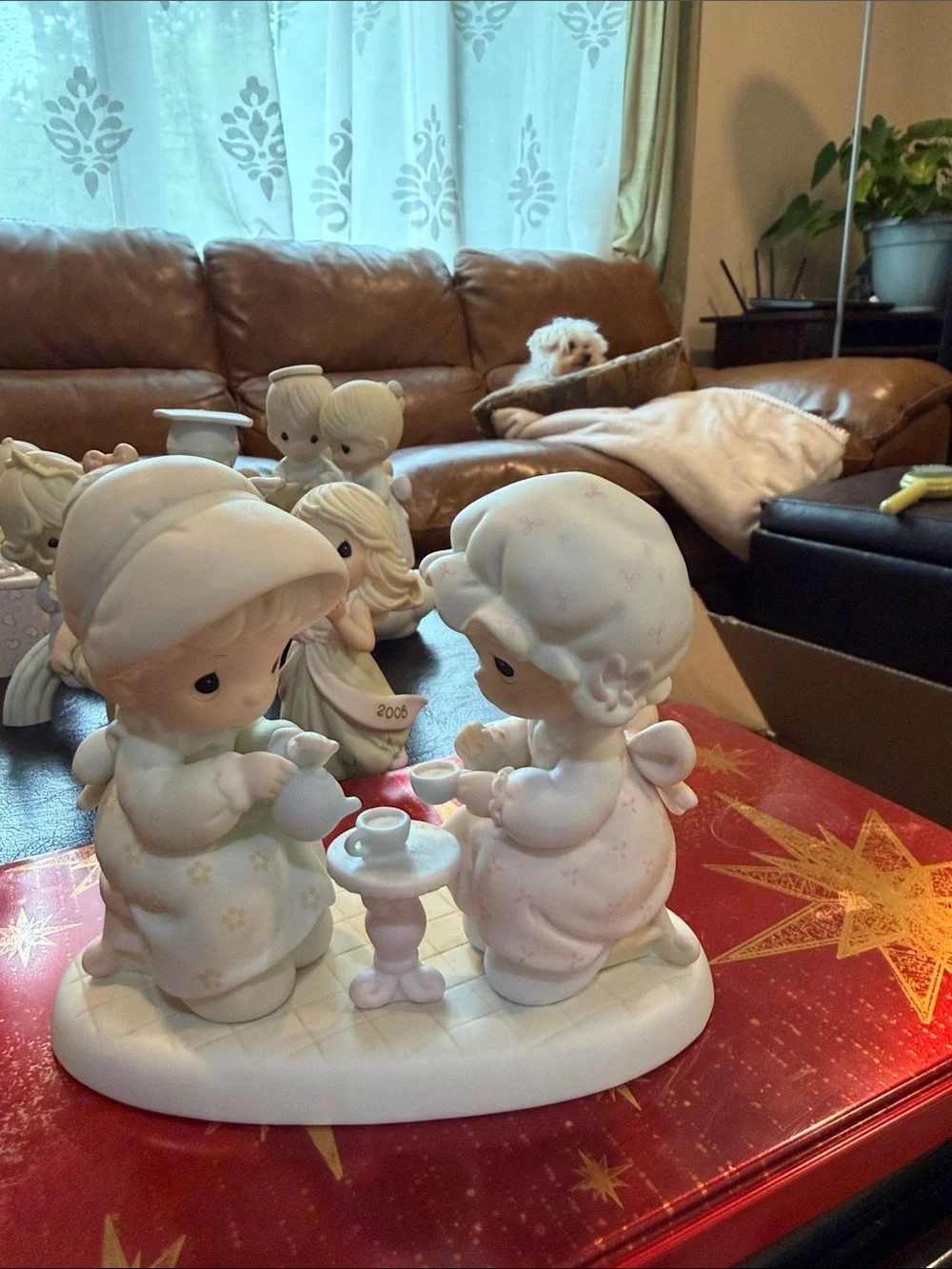 Precious Moments Bisque Figurine Tea Party in Cream and Pastel Pink